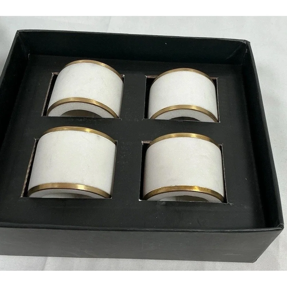 Marble Napkin Holder Rings White  w/ Gold Trim -‎ Set of 4